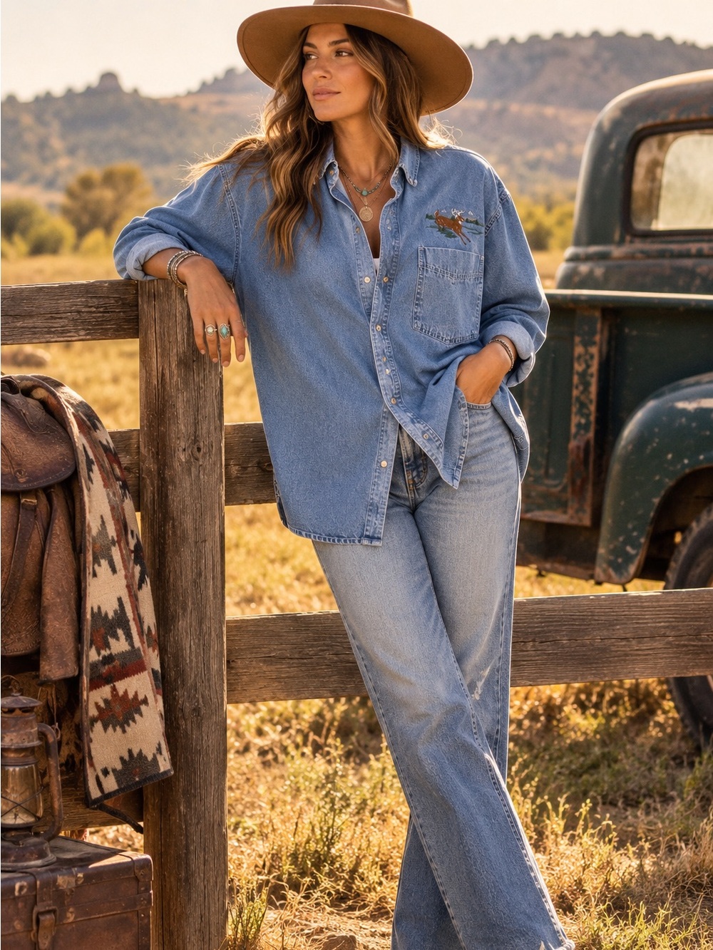 Bogari Vintage Denim Shirt L Embroidered Deer Western Ranchcore Button Down